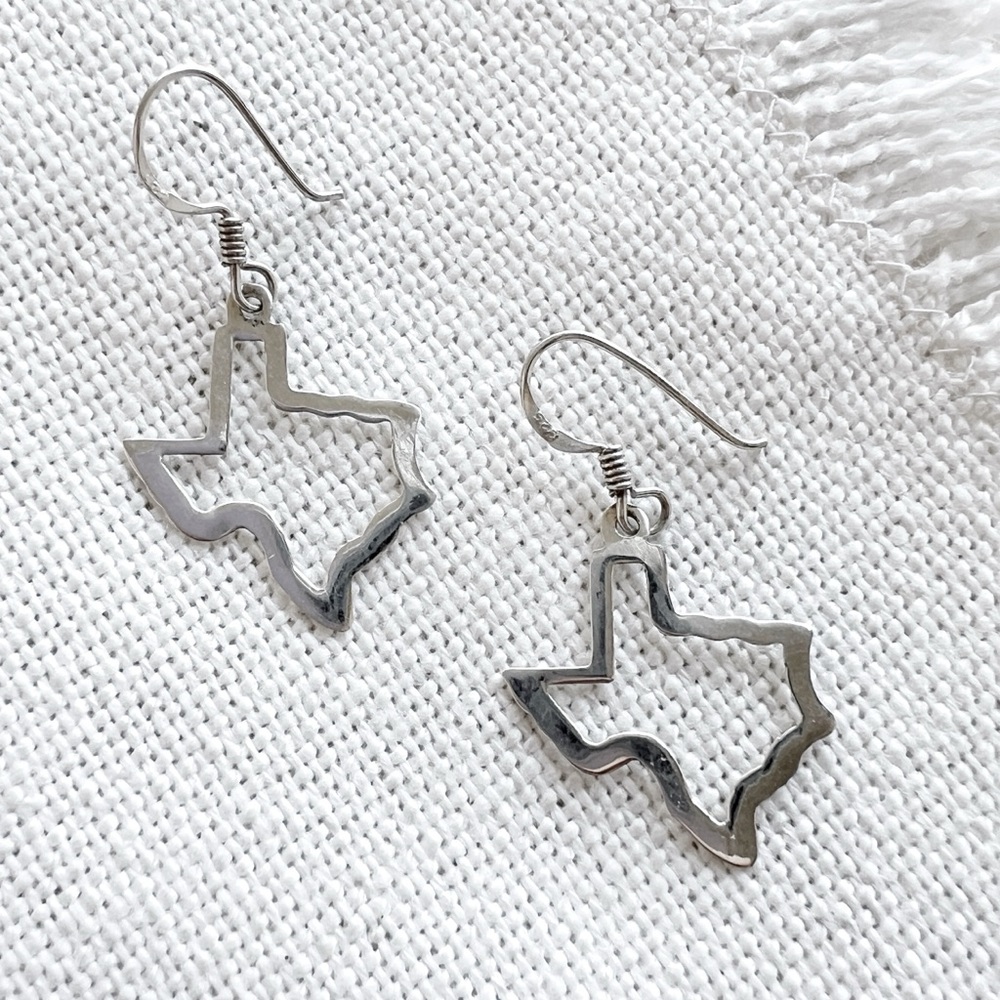 TEXAS Sterling Silver Lone Star State Outline Western Dangle Hook Earrings 925